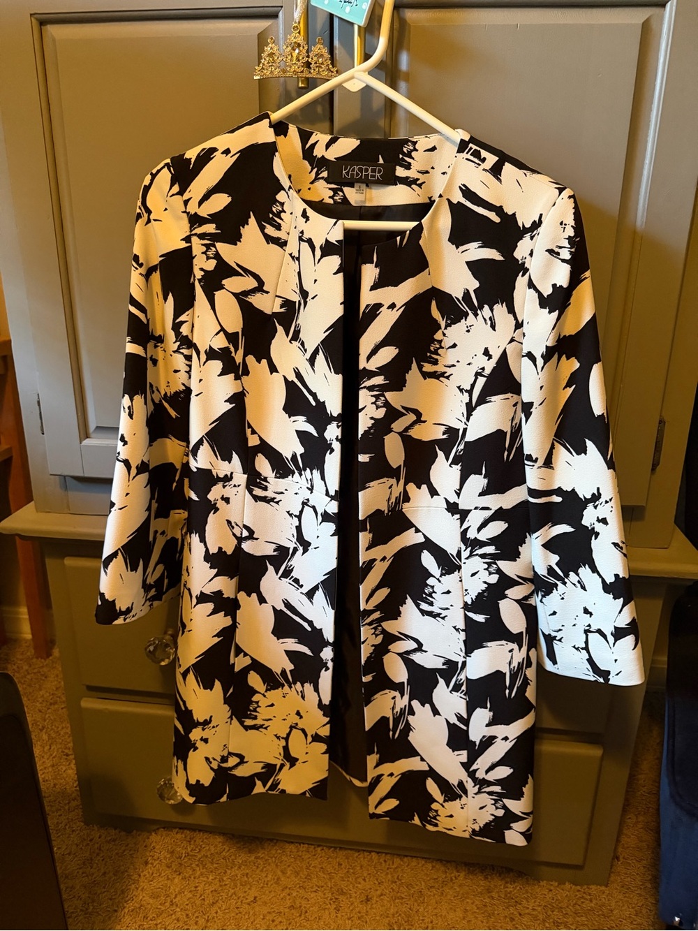 Kasper Black and White Floral Open Front Blazer